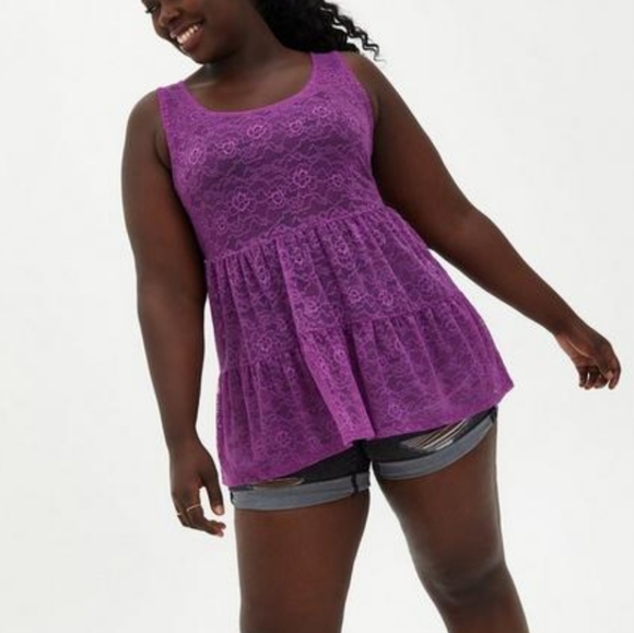 Plus Size 2X Torrid Purple Sheer Lace Crew Neck Tiered Babydoll Tunic Tank 💜 - Picture 2 of 6